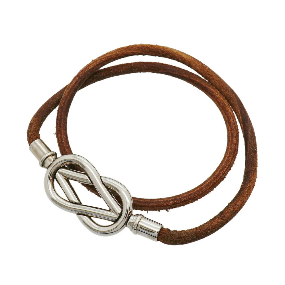 HERMES Silver Leather Charm Bracelet